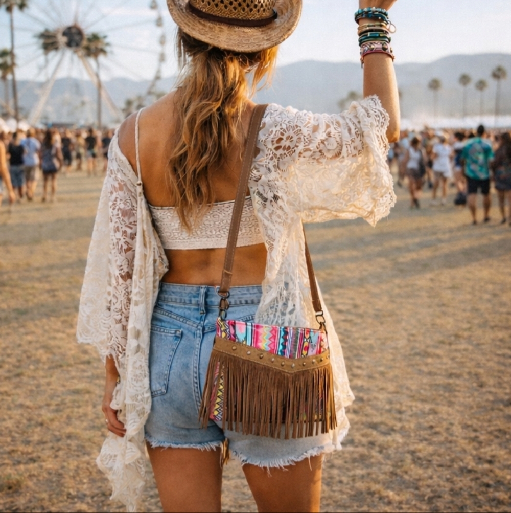 Catchfly Western Fringe Bag Bright Pink Teal Brown Aztec Print Festival Boho